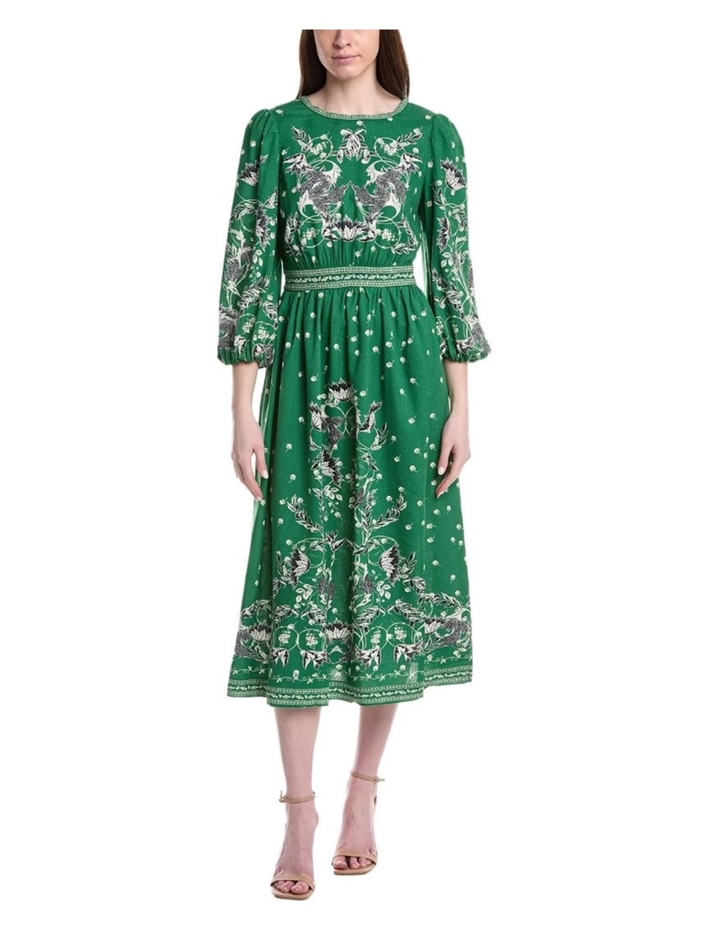 Max Studio Green Floral Midi Dress with Puff Sleeves